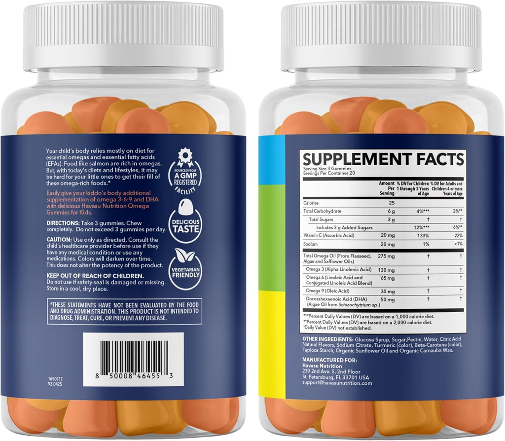 Gomitas de Omega 3-6-9 + DHA para Niños, Sabor Limón y Naranja, 60 Unidades