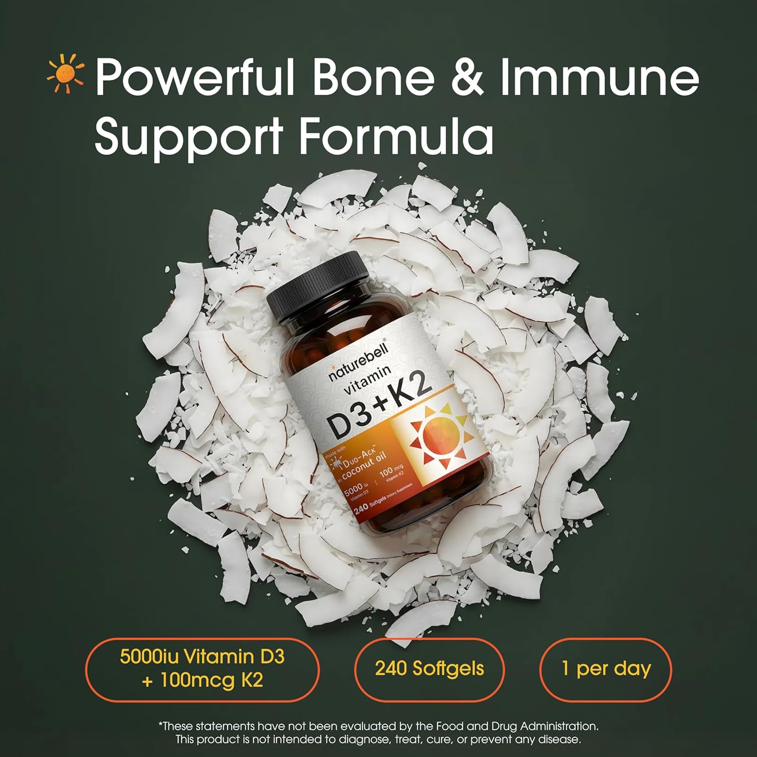 NatureBell Vitamina D3 y K2 - 5000 UI D3 + 100 mcg K2 MK-7, 240 Cápsulas Blandas con Aceite de Coco