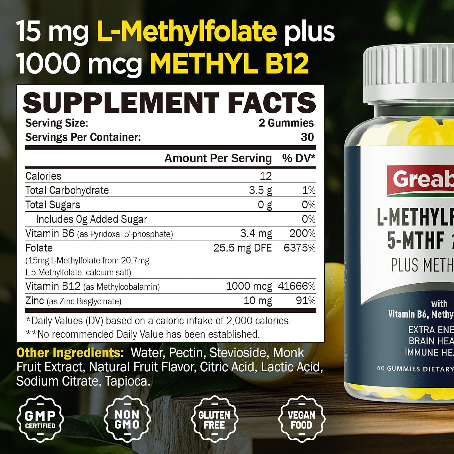 Gominolas de Metilfolato L con B12 Metilada - 5-MTHF 15 mg + Metilcobalamina 1000 mcg - 60 Gominolas Sin Azúcar