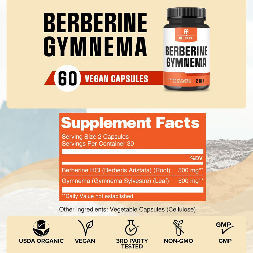 WELBUDA Berberine Supplement with Organic Gymnema Sylvestre Leaf - 60 Capsules