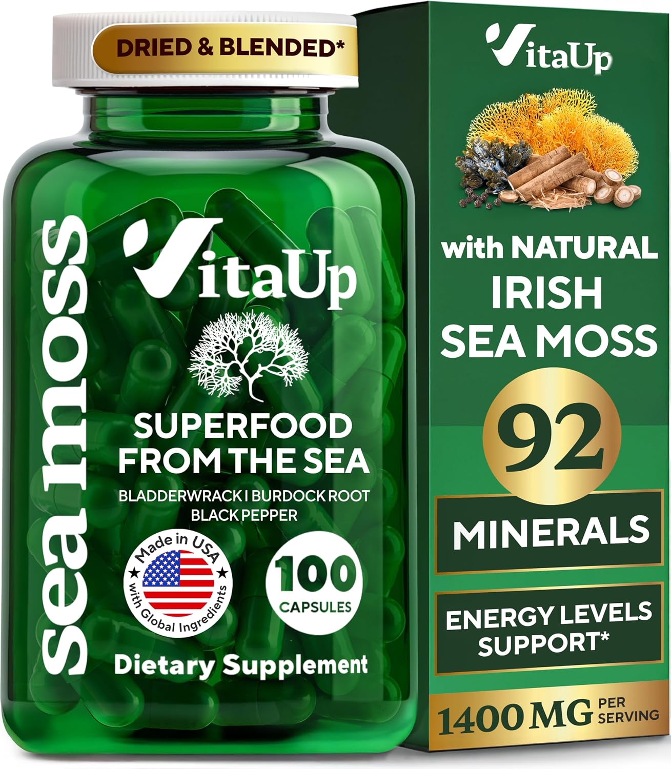 Cápsulas de Musgo de Mar Irlandés Silvestre con Bardana y Fuco - 60 Cápsulas Veganas - VitaUp