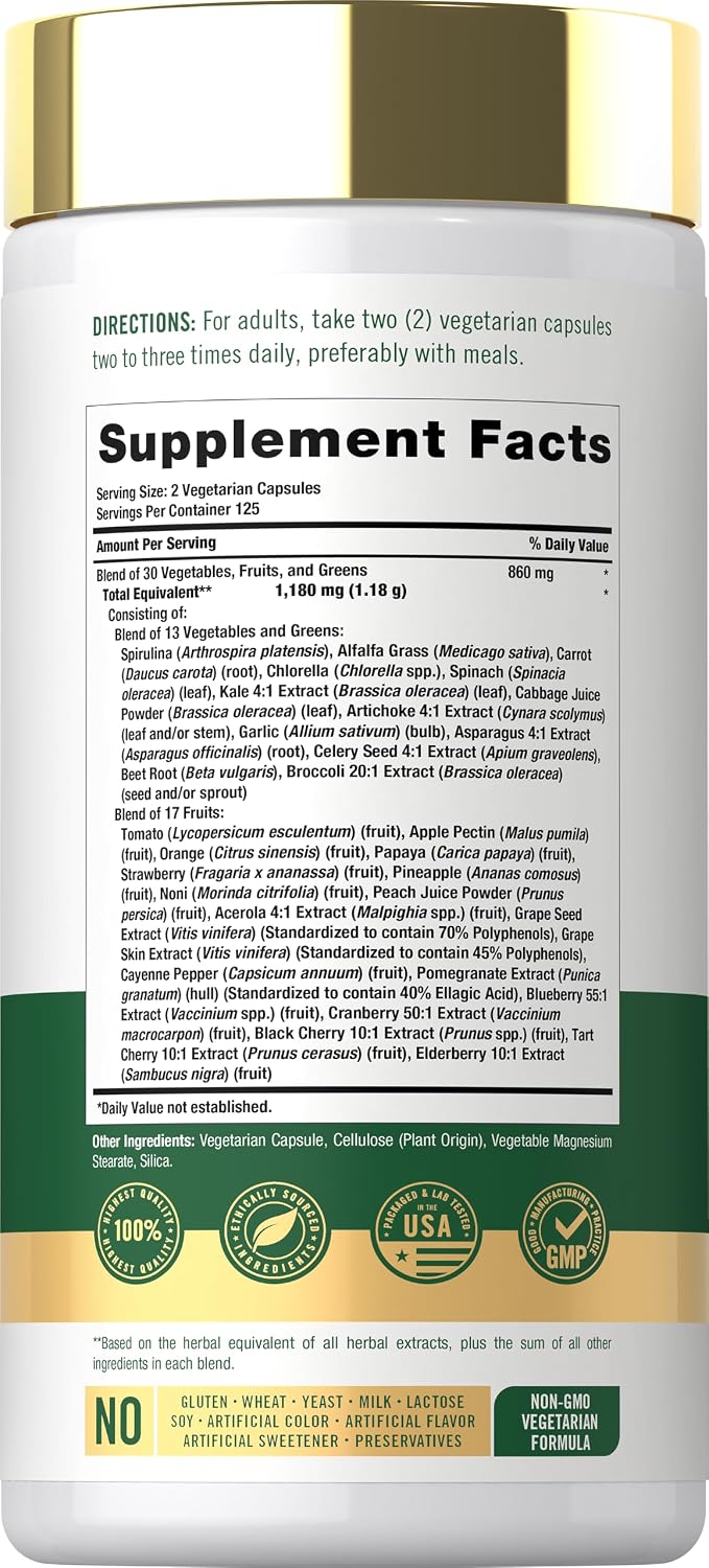 Carlyle Super Greens Cápsulas, 250 uds – Mezcla de 13 verduras y 17 frutas, Sin gluten y No transgénico