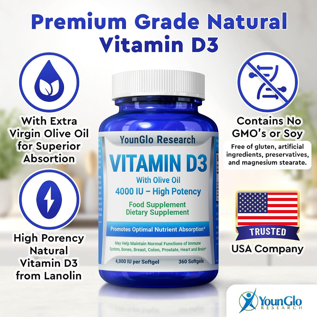 Vitamin D3 4000 IU Food Supplement - 360 Softgels - YounGlo Research