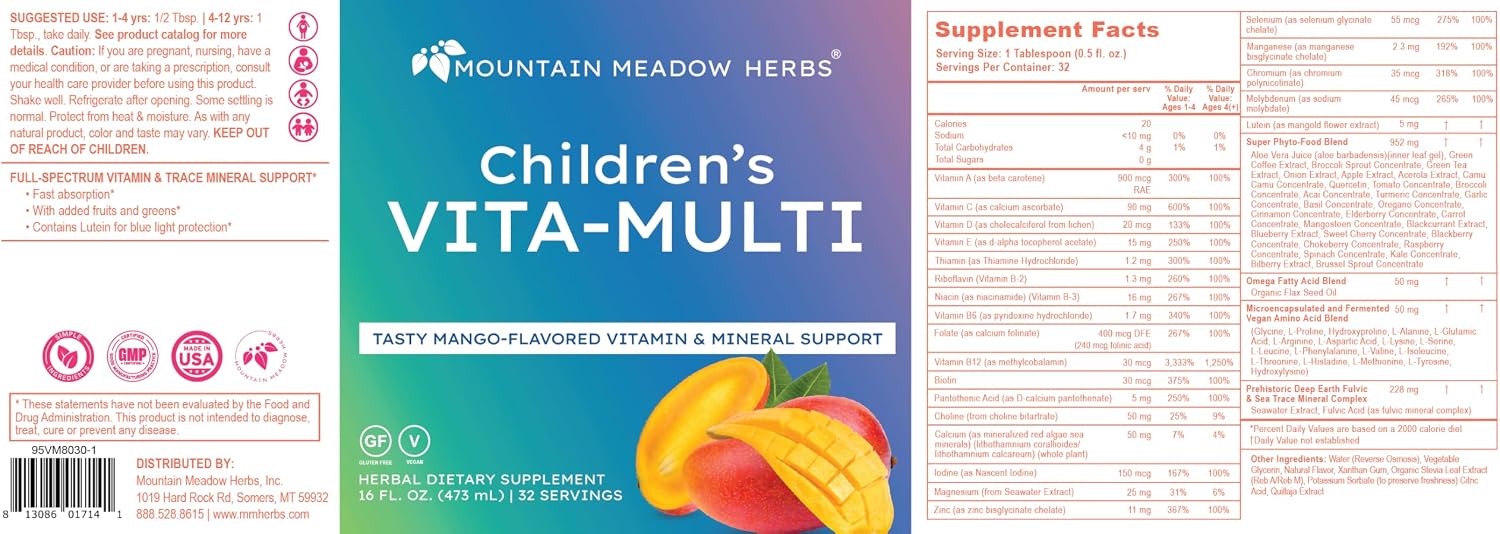 Mountain Meadow Herbs Children's Vita-Multi - Suplemento multivitamínico y mineral líquido para niños con luteína (473 ml)