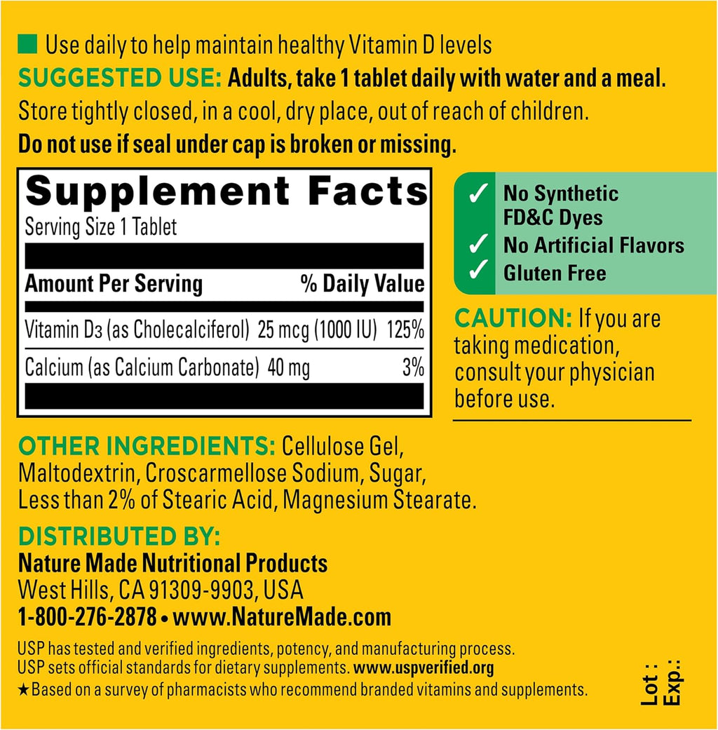 Nature Made Vitamina D3 1000 UI (25 mcg) - 100 Comprimidos