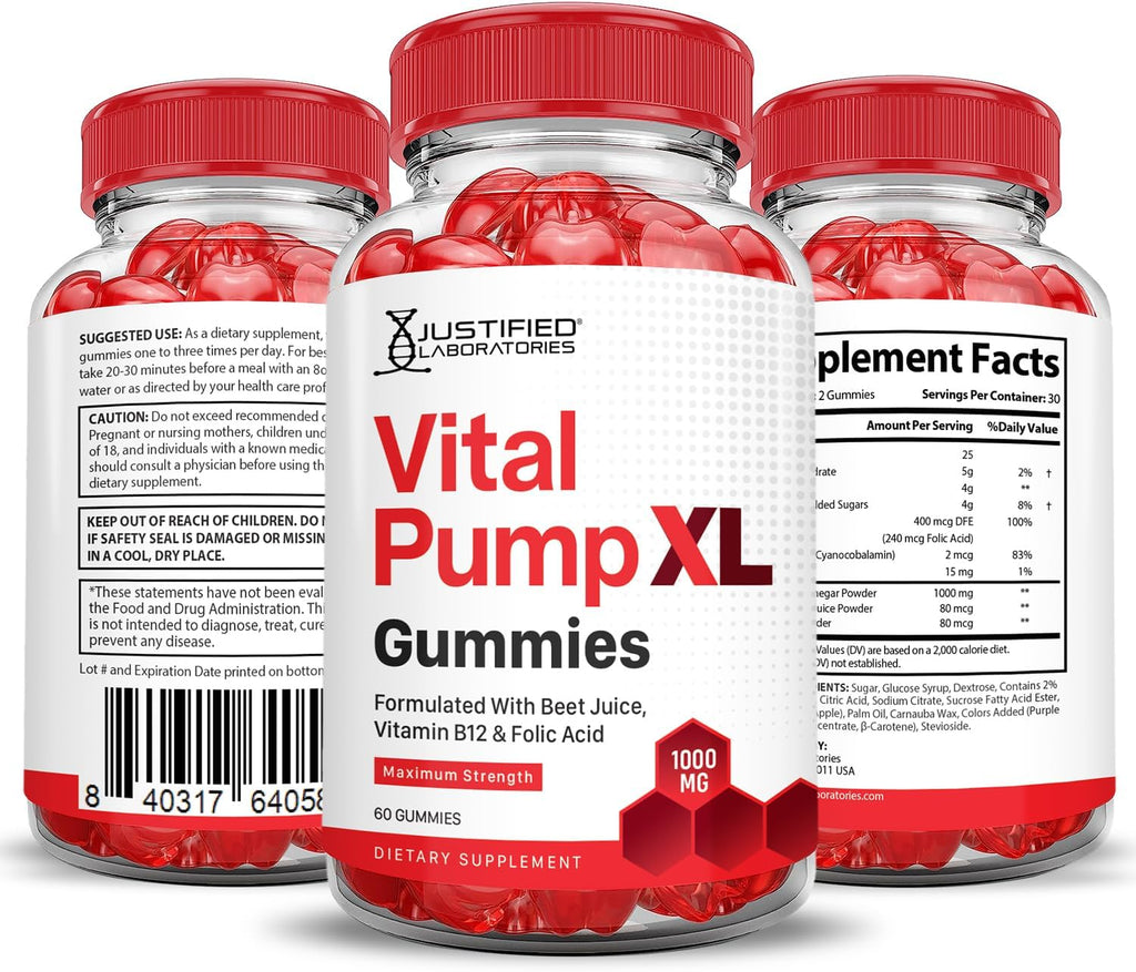 Justified Laboratories Vital Pump XL Performance Gummies 1000mg - Pack de 2 - 120 Gominolas con Vinagre de Manzana, Remolacha, Vitamina B12 y Ácido Fólico - Vegano, Sin Gluten