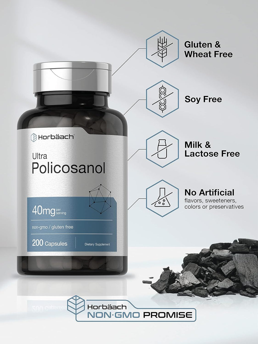 Horbäach Policosanol 40 mg (200 Cápsulas) - Complemento Alimenticio no Transgénico y sin Gluten