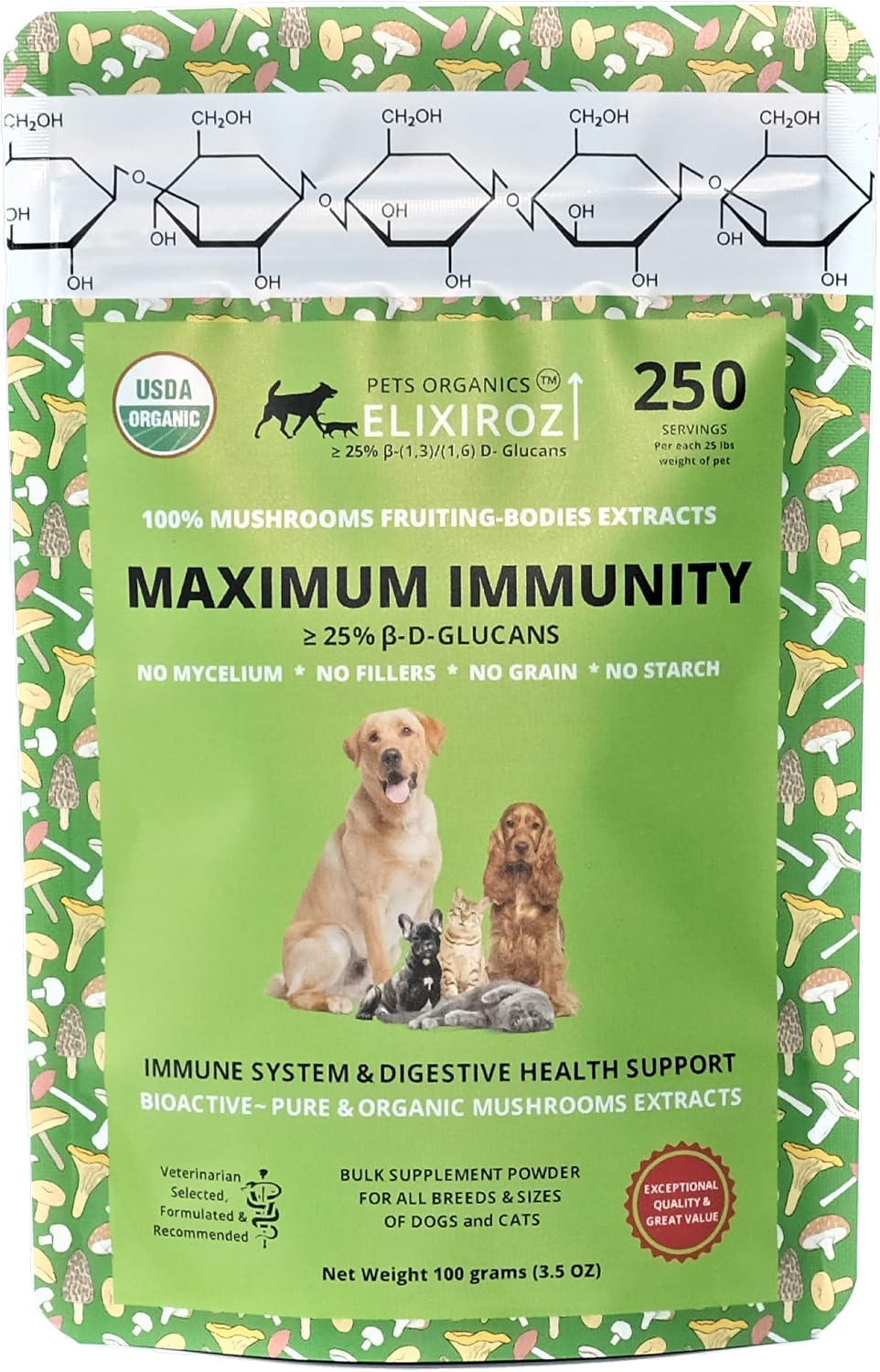 Complejo de Hongos para Perros y Gatos – 25%+ Beta-Glucanos – Mezcla de Extractos de Cuerpos Fructíferos (Cola de Pavo, Reishi, Maitake, Shiitake) – Apoyo Inmunitario y Digestivo – Sin Micelio, Sin Rellenos – 250 Servicios