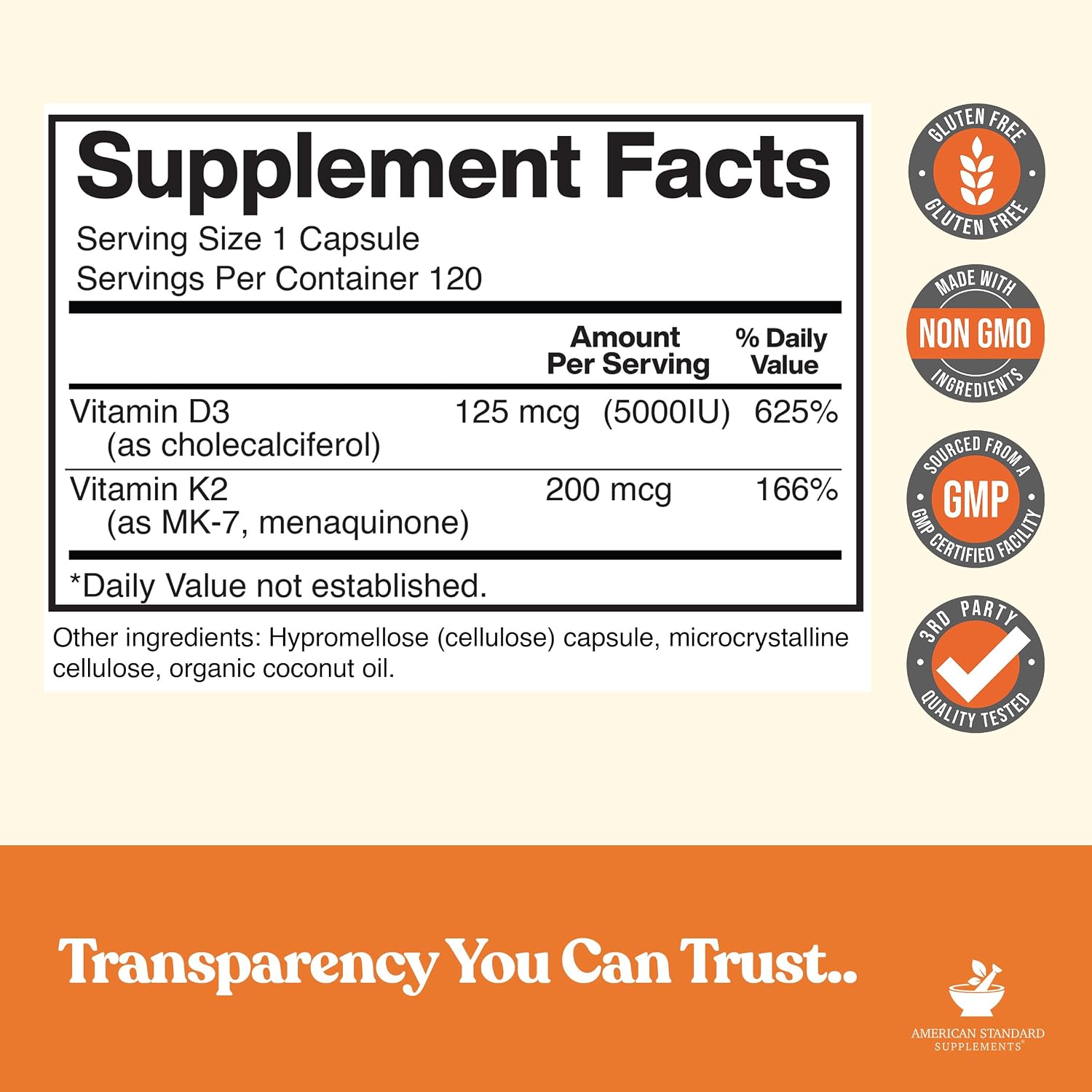 American Standard Supplements Vitamina D3 5000 IU + K2 (MK7) 200 mcg, 120 Cápsulas - Sin Gluten, No GMO, 120 Días