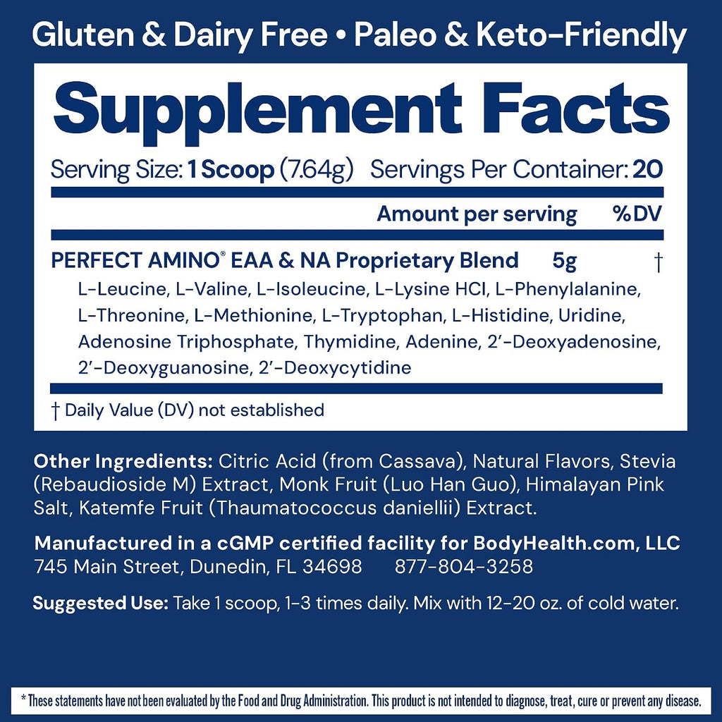 BodyHealth PerfectAmino - BCAA y EAA en Polvo - Sabor Lima Limón - 20 Servicios