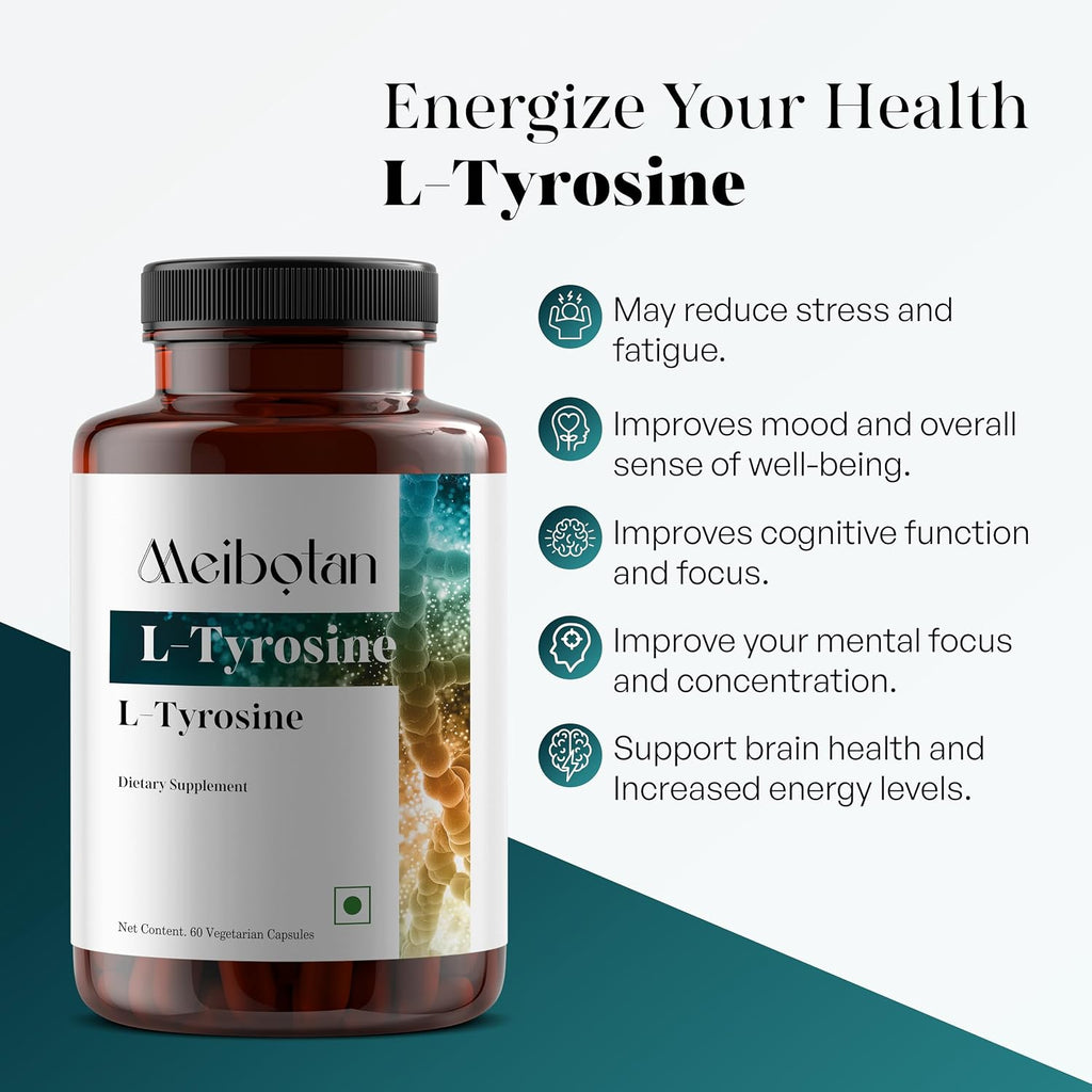 L-Tirosina 500mg – Suplemento Natural de L-Tirosina para Enfoque Mental y Energía – No GMO y Sin Gluten – 60 Cápsulas Veganas