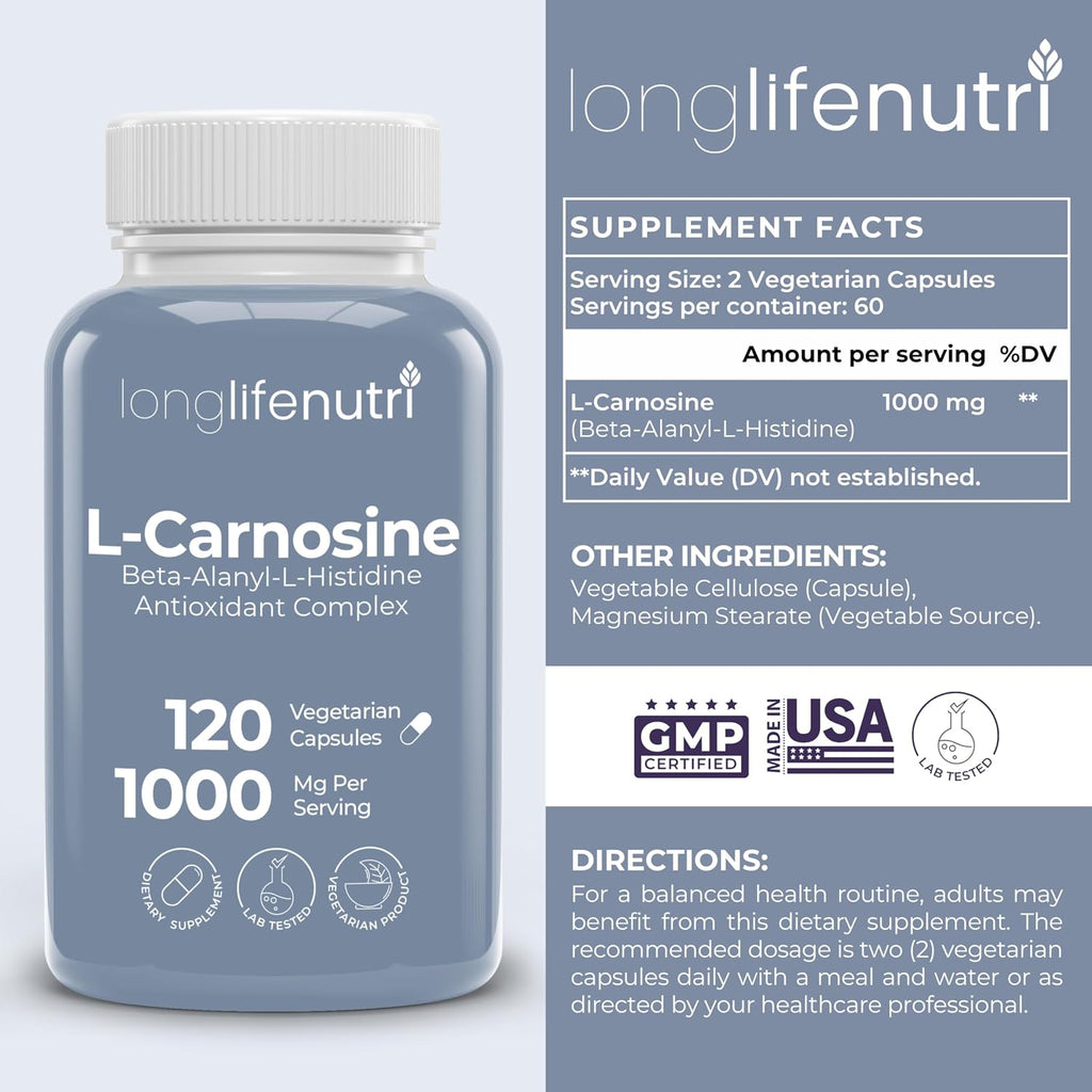 LongLifeNutri L-Carnosina 1000mg - Beta-Alanil-L-Histidina para Energía Celular y Claridad Mental, 120 Cápsulas Vegetarianas (2 Meses)
