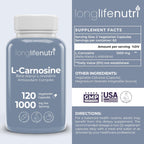 LongLifeNutri L-Carnosina 1000mg - Beta-Alanil-L-Histidina para Energía Celular y Claridad Mental, 120 Cápsulas Vegetarianas (2 Meses)