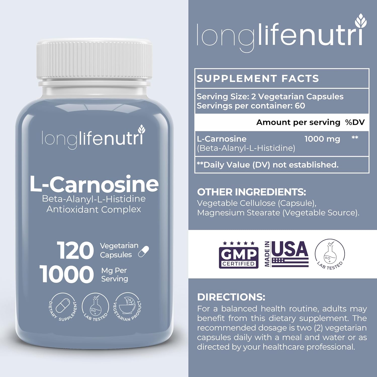 LongLifeNutri L-Carnosina 1000mg - Beta-Alanil-L-Histidina para Energía Celular y Claridad Mental, 120 Cápsulas Vegetarianas (2 Meses)