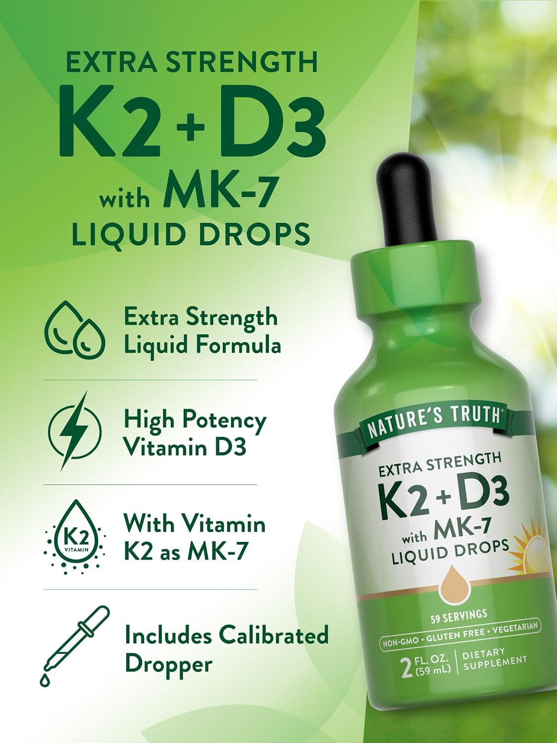 Nature's Truth Vitamina D3 + K2 Gotas Líquidas con MK-7 | 2 Fl Oz | Suplemento Vegetariano, No-GMO y Sin Gluten