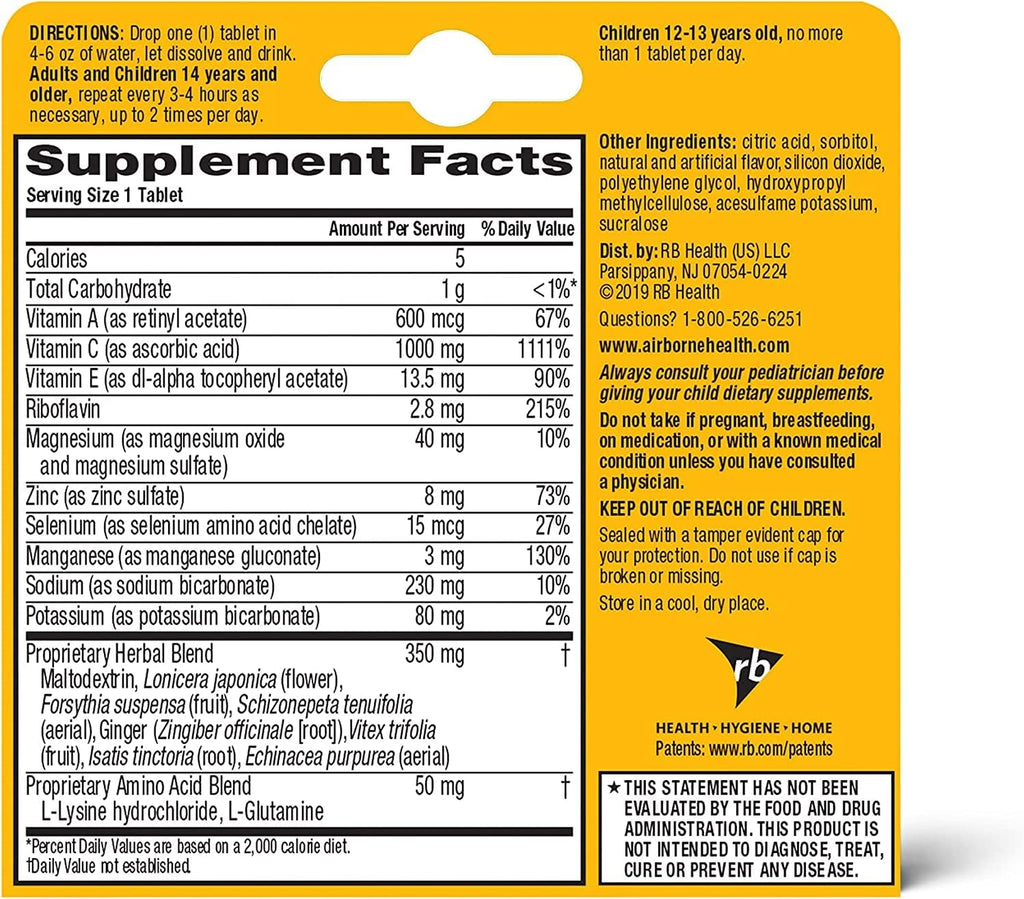 Airborne Vitamina C 1000 mg con Zinc - 30 Comprimidos Efervescentes Sabor Naranja