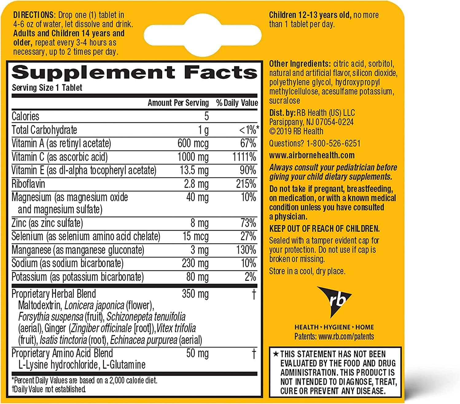 Airborne Vitamina C 1000 mg con Zinc - 30 Comprimidos Efervescentes Sabor Naranja