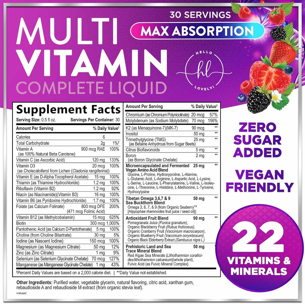 Hello Lovely! Multivitamínico Líquido Sin Azúcar - Complejo de Vitaminas A, C, D, B12, Biotina y Zinc - Sabor Bayas, 444 ml