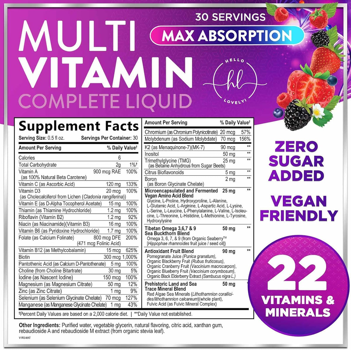 Hello Lovely! Multivitamínico Líquido Sin – Energía y vitalidad: La vitamina B12 ayuda a reducir el cansancio y la – Image 2