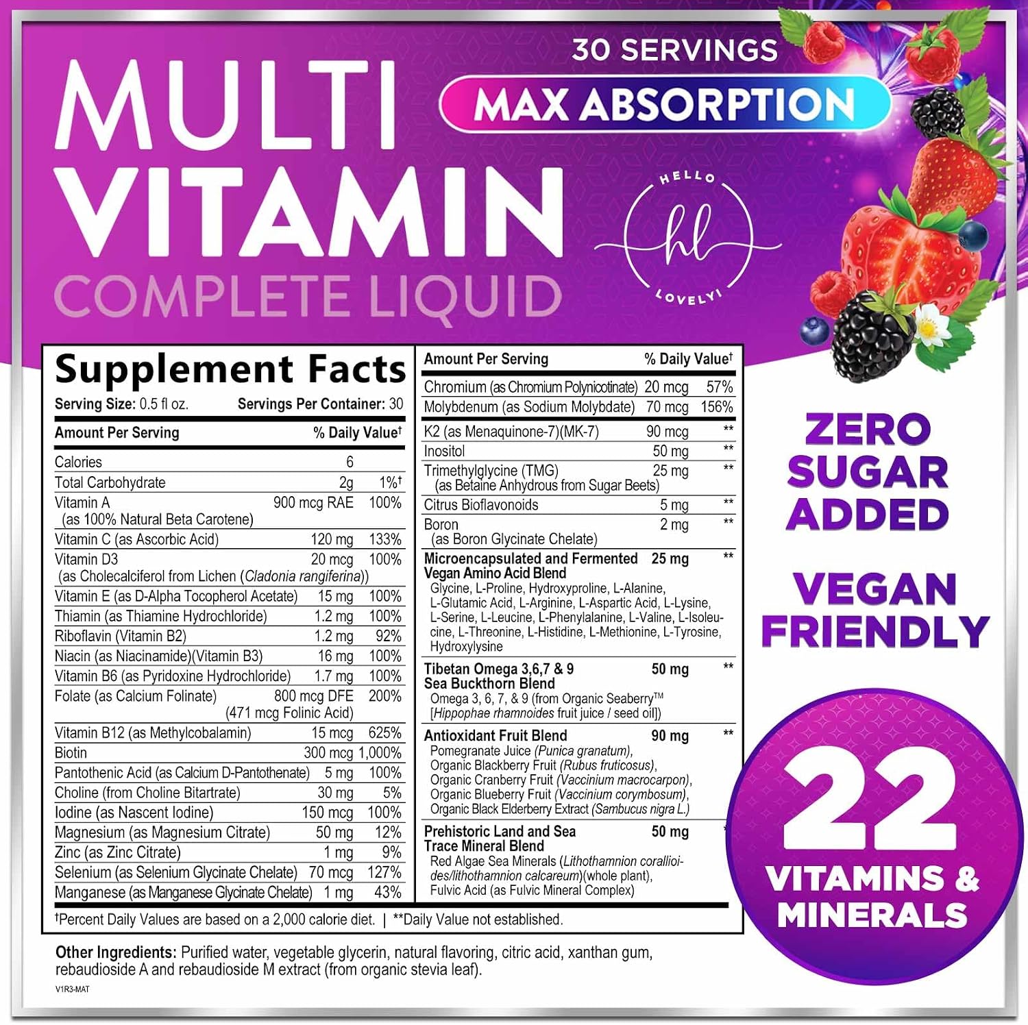 Hello Lovely! Multivitamínico Líquido Sin Azúcar - Complejo de Vitaminas A, C, D, B12, Biotina y Zinc - Sabor Bayas, 444 ml