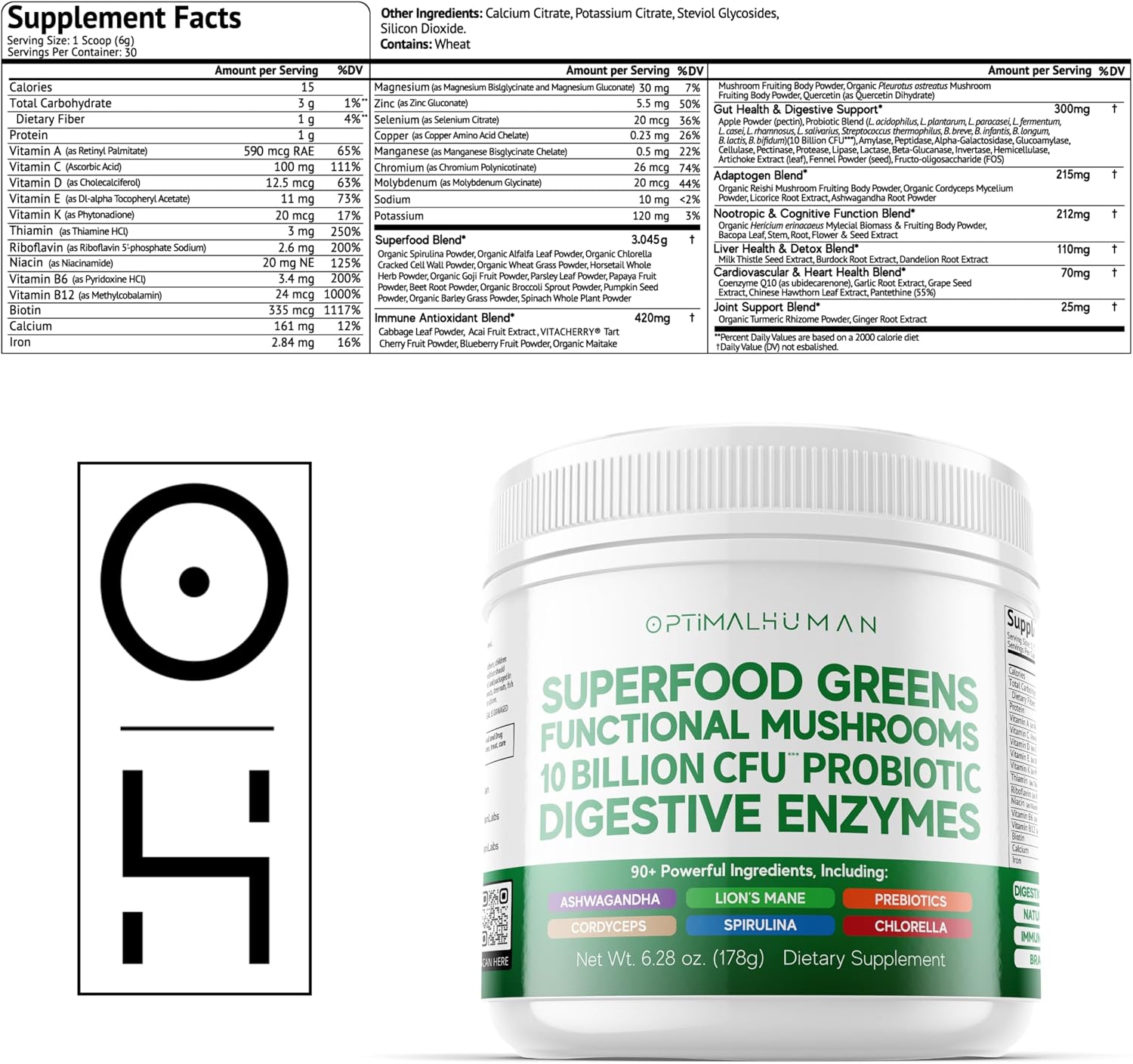 Optimal Human Superfood Greens Powder – Mezcla de 90+ Ingredientes con Lion's Mane, Ashwagandha y Cúrcuma – 178 g