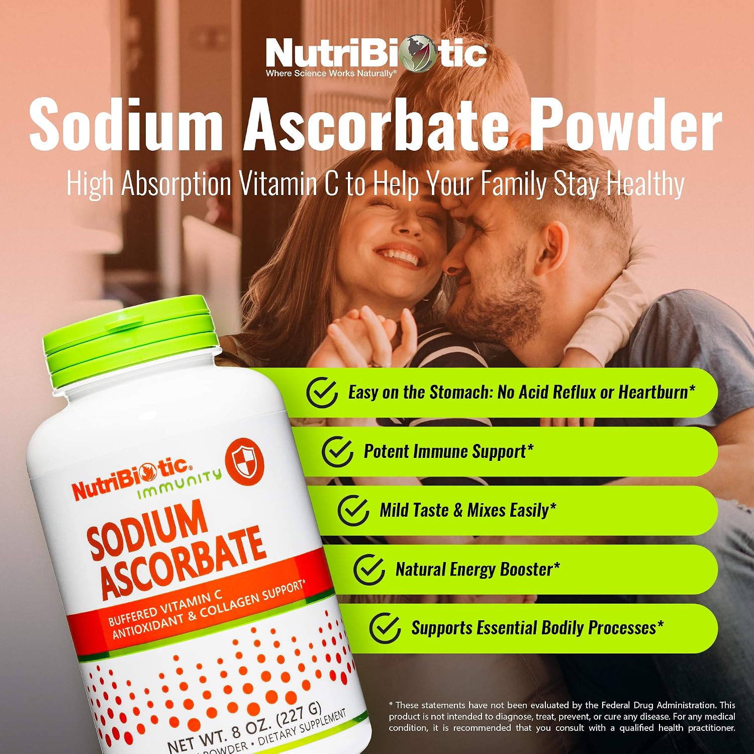 NutriBiotic Ascorbato de Sodio: Vitamina C Tamponada en Polvo, 227 g