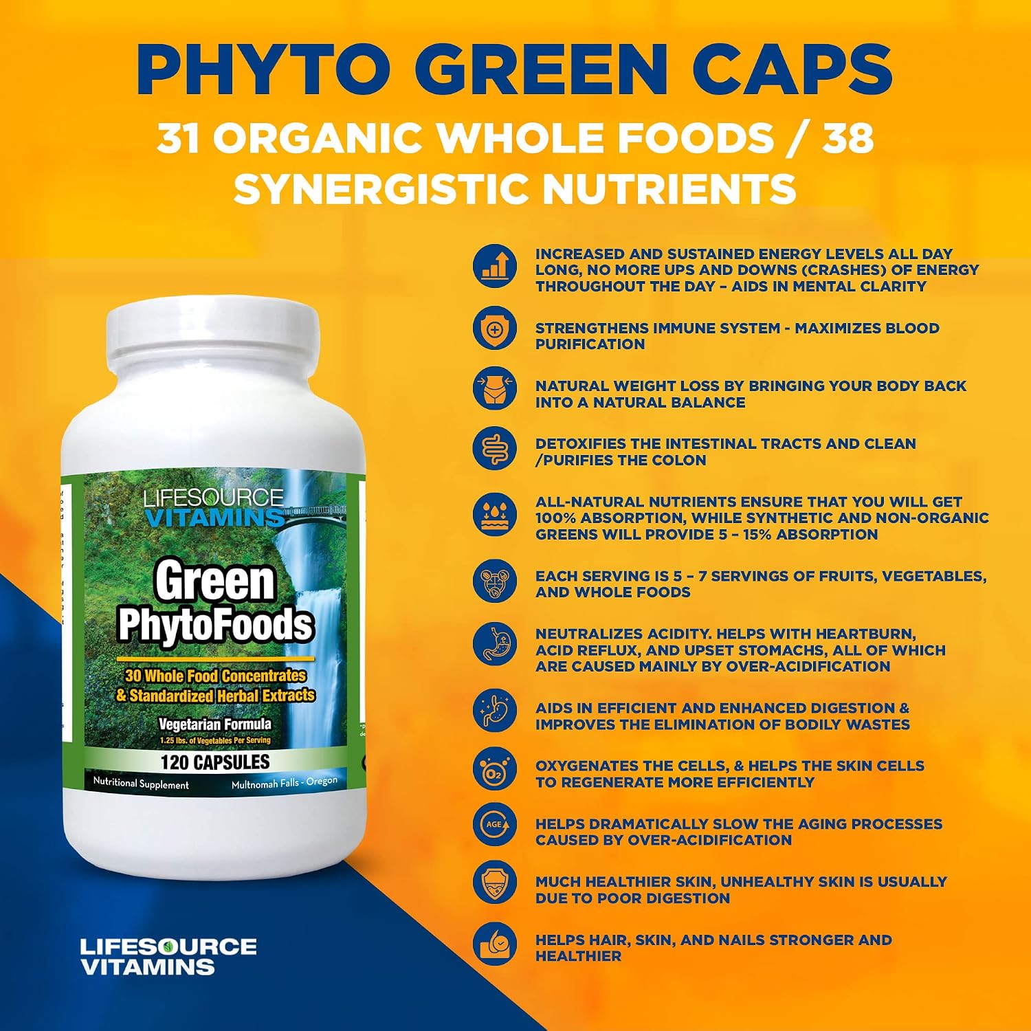 LifeSource Vitamins Phyto Green Mega-Food Cápsulas - 31 Alimentos Integrales / 38 Nutrientes Sinérgicos