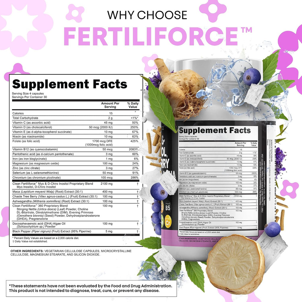 Clean Nutraceuticals Myo-Inositol y D-Chiro Inositol 2050mg - Suplemento de Fertilidad 40:1 - Vitaminas Prenatales con Ashwagandha, Maca, Vitex, Hierro, DHA, Ácido Fólico, DIM, Zinc