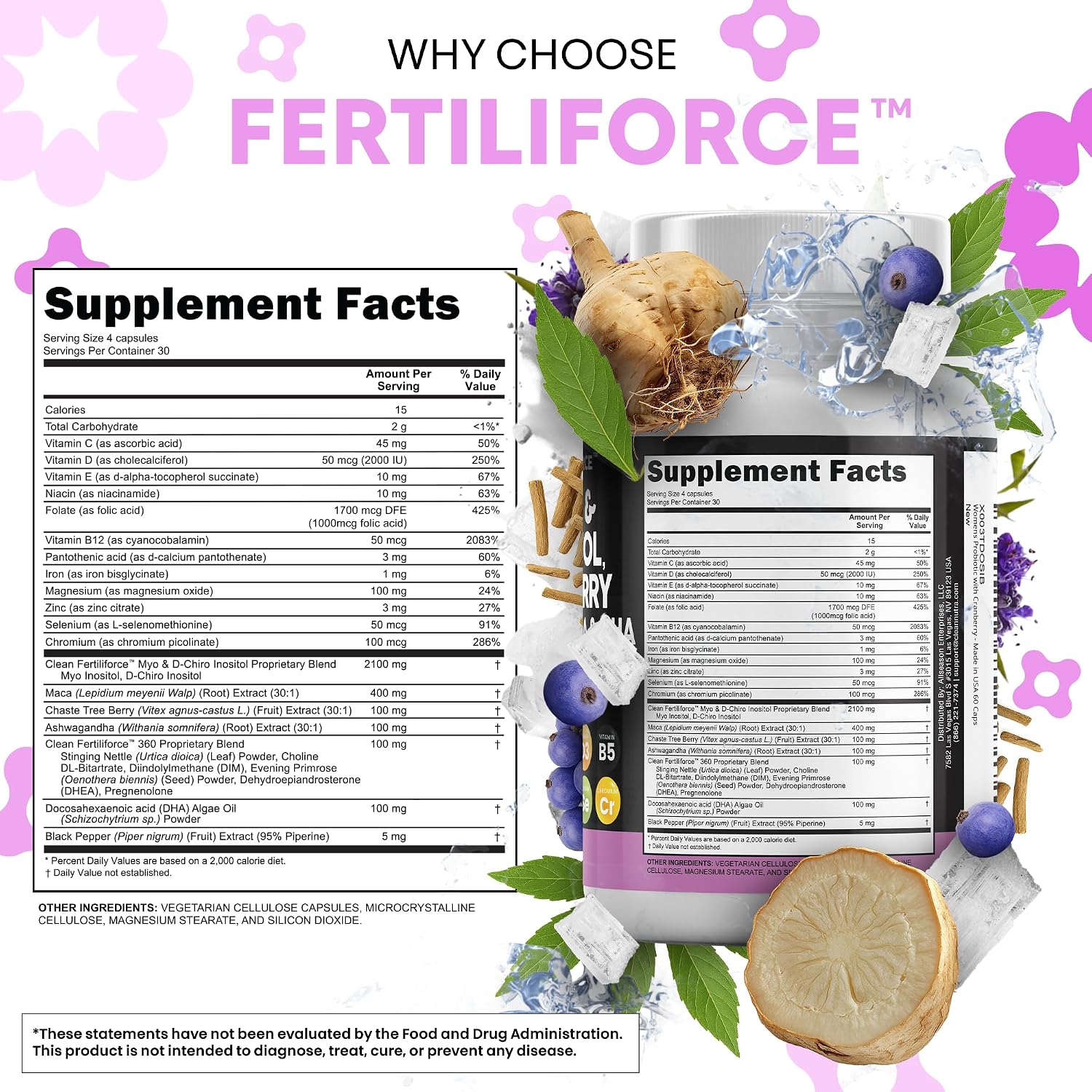 Clean Nutraceuticals Myo-Inositol y D-Chiro Inositol 2050mg - Suplemento de Fertilidad 40:1 - Vitaminas Prenatales con Ashwagandha, Maca, Vitex, Hierro, DHA, Ácido Fólico, DIM, Zinc
