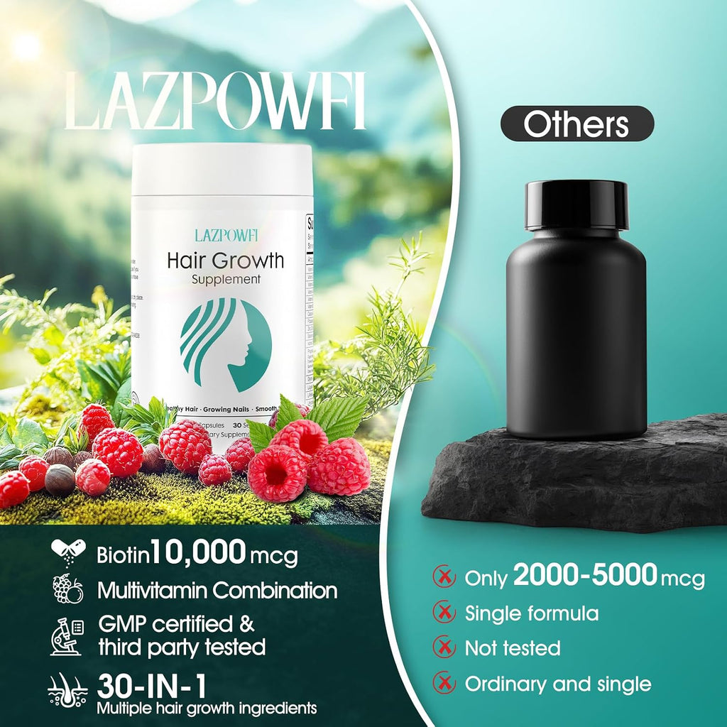 Lazpowfi Complemento para el Crecimiento del Cabello con Biotina 10000mcg, 30-en-1