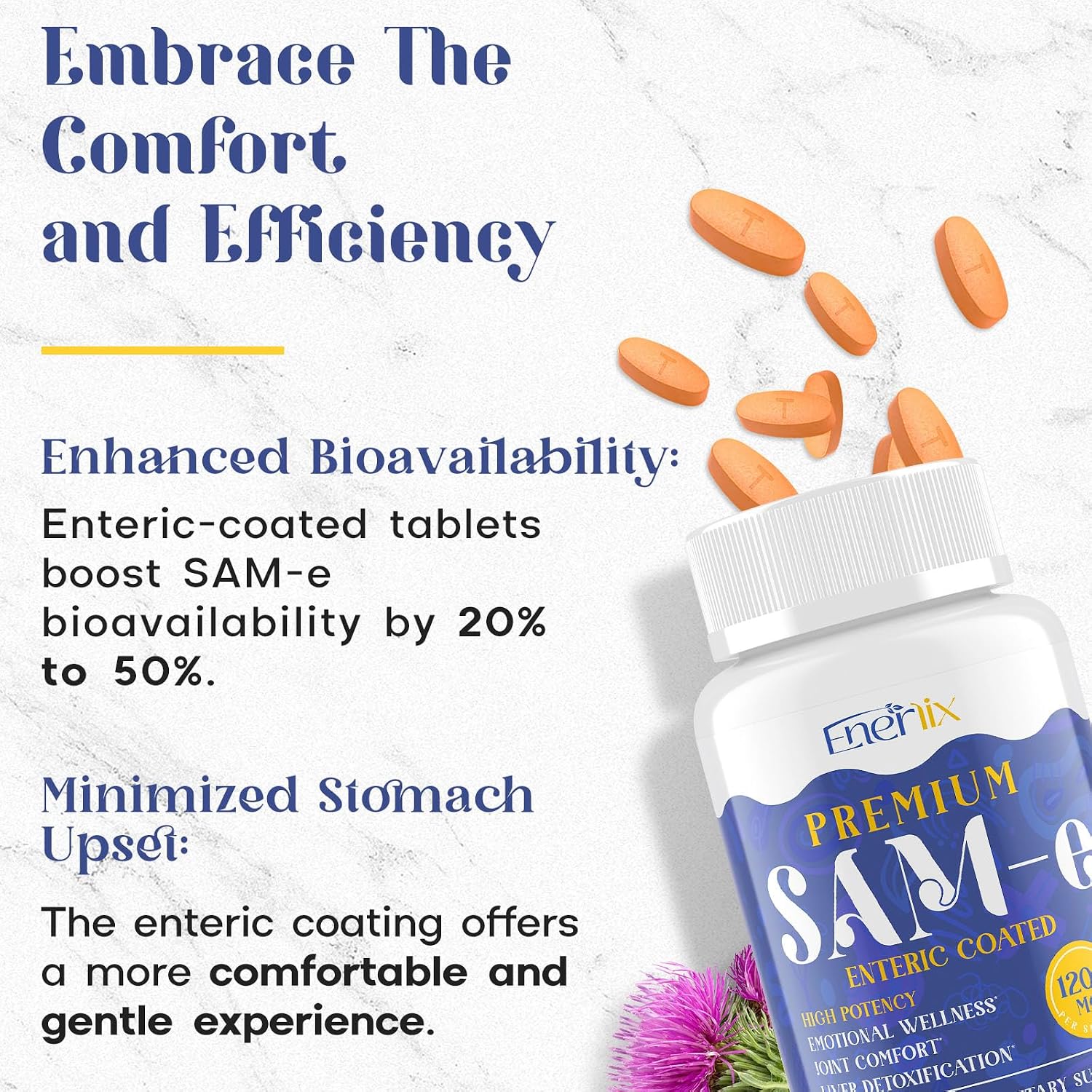 Enerlix SAM-e 1200 mg con CoQ10 y 5-HTP - 60 Comprimidos Recubiertos Entéricos Veganos