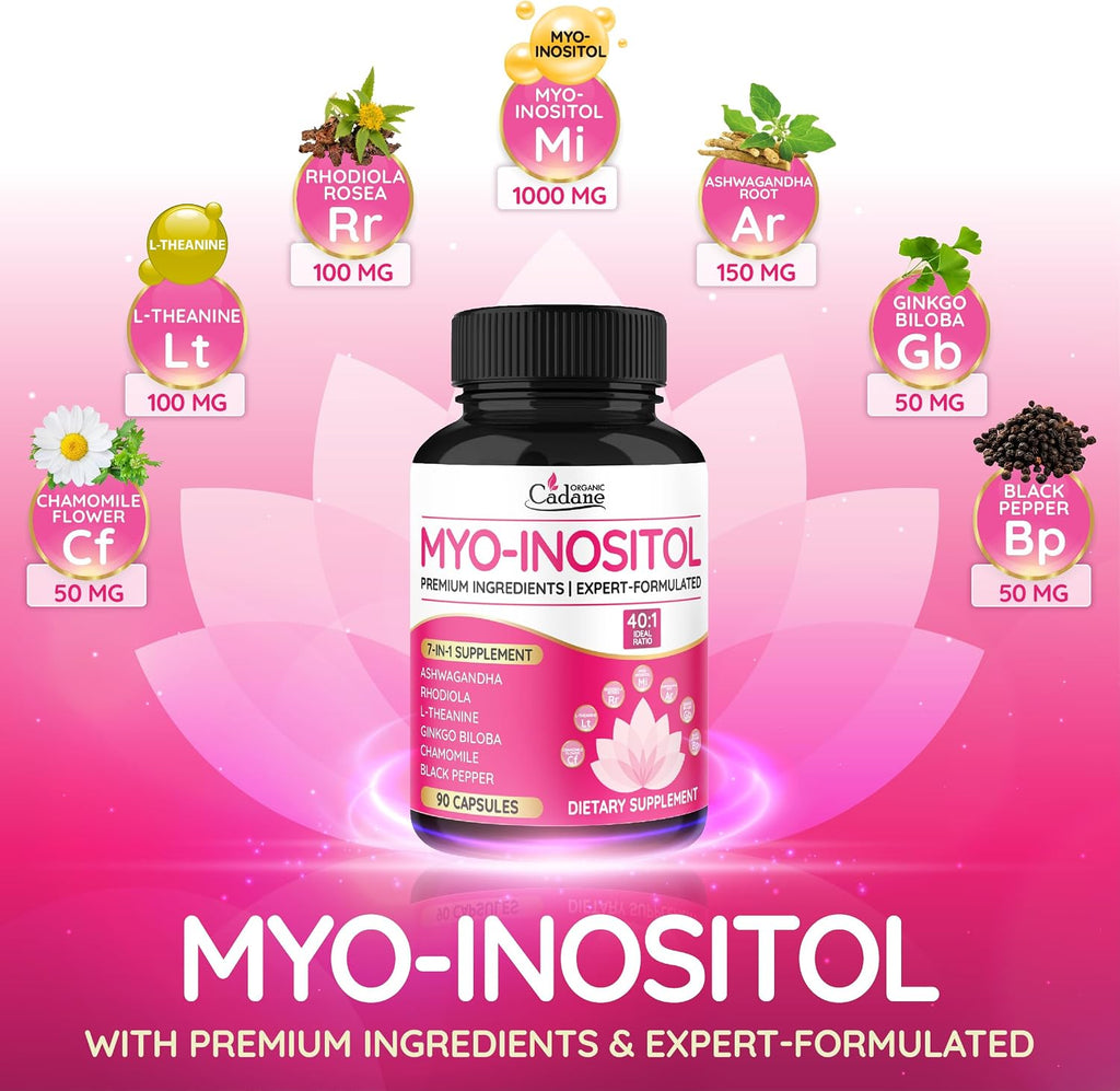 Organic Cadane Myo Inositol con Ashwagandha y Adaptógenos – 90 Cápsulas Veganas