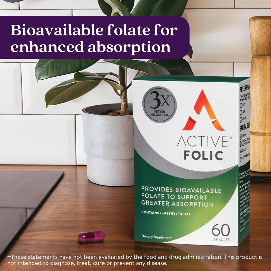Active Folic Acid Supplement - Ácido Fólico Activo 400mcg, L-Metilfolato (Quatrefolic), 60 Cápsulas