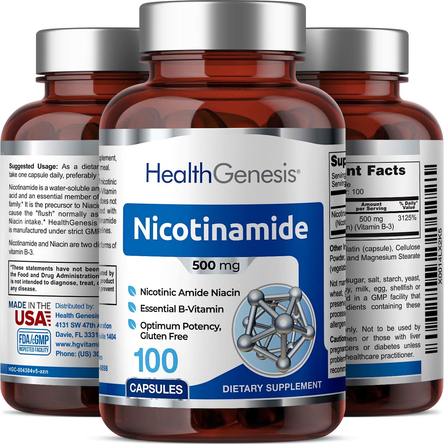 Health Genesis B-3 Nicotinamida 500 mg, 100 Cápsulas - Sin Rubor