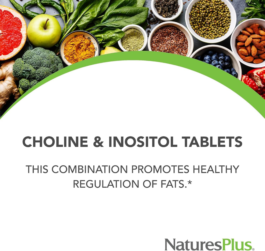 NaturesPlus Colina e Inositol - 500 mg, 60 Comprimidos Vegetarianos - Apoyo al Sistema Nervioso y Función Hepática Saludable - Sin Gluten