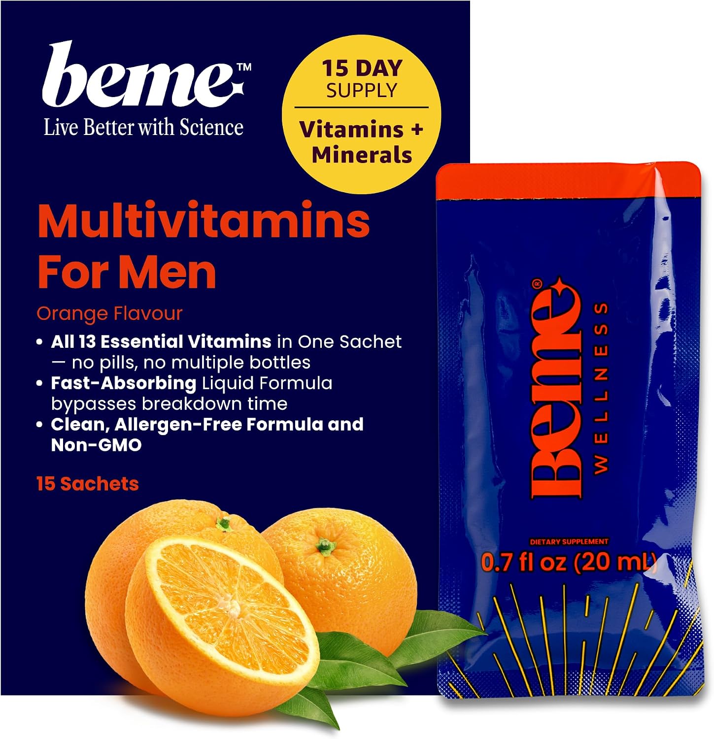 BeMe Multivitamínico Líquido para Hombres - 13 Vitaminas y Minerales - Sobres Monodosis, Sabor Naranja (15 Sobres)