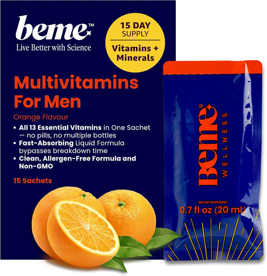 BeMe Multivitamínico Líquido para Hombres - 13 Vitaminas y Minerales - Sobres Monodosis, Sabor Naranja (15 Sobres)