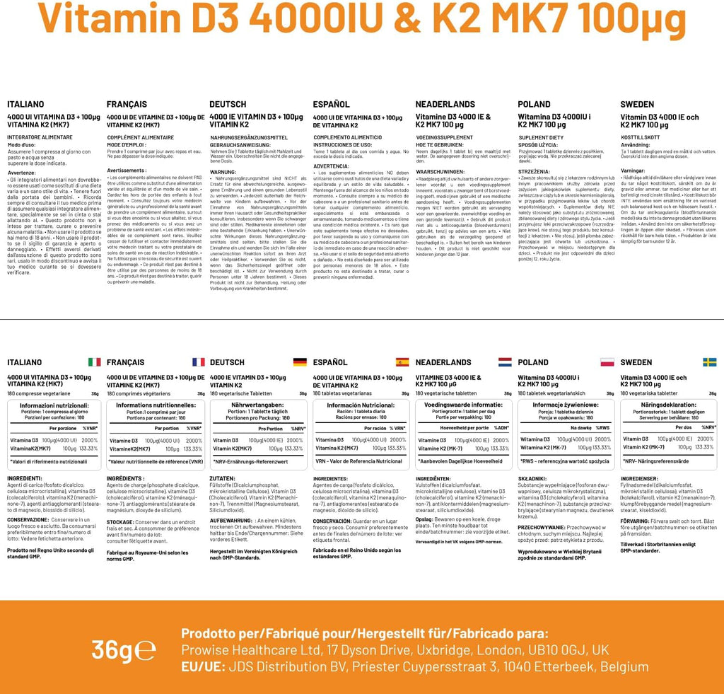 Prowise Healthcare Vitamina D3 4000UI y K2 MK7 100µg – 180 Comprimidos Vegetarianos