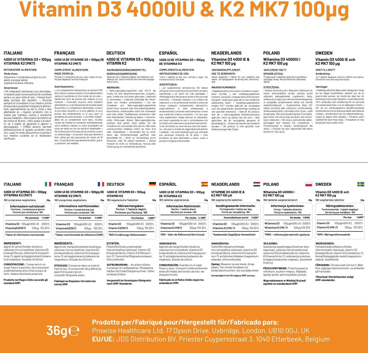 Prowise Healthcare Vitamina D3 4000UI y K2 MK7 100µg – 180 Comprimidos Vegetarianos