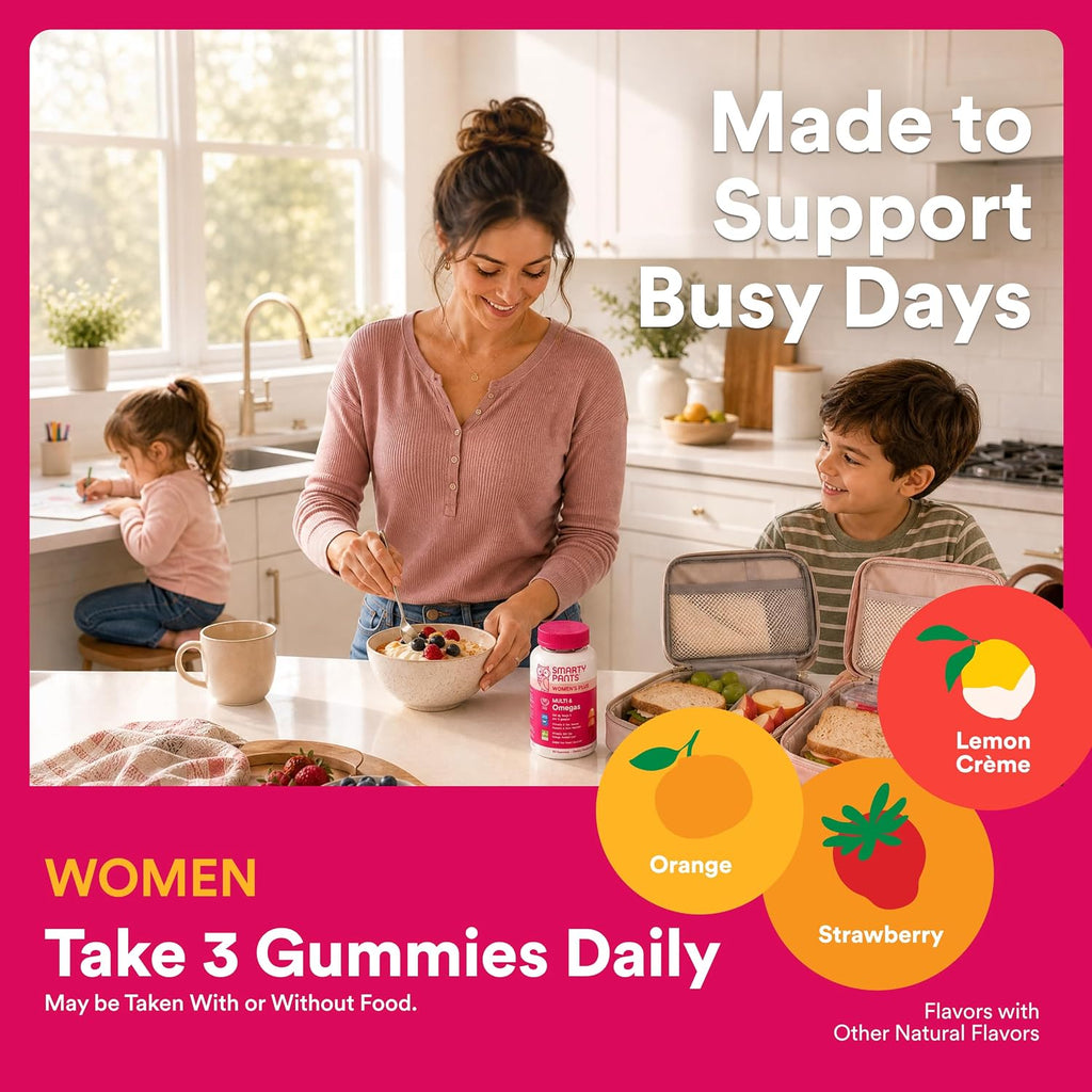 SmartyPants Gominolas Multivitamínicas para Mujeres, Omega 3 DHA/EPA, Metilfolato, CoQ10, Vitamina D3, C, B12, B6, A, K, Zinc, Tres Sabores de Fruta, 90 Gominolas (Suministro para 30 Días)
