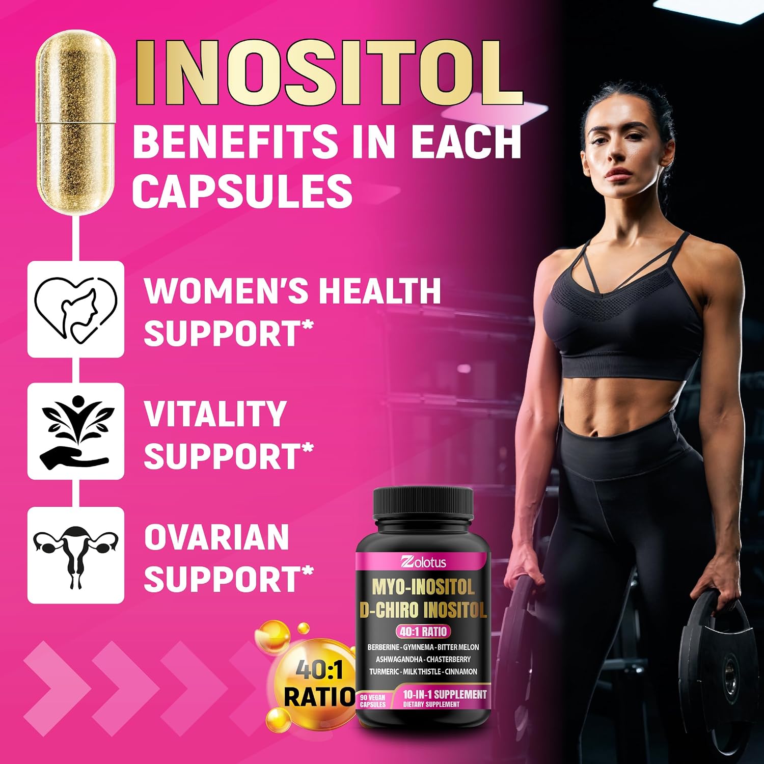 Zolotus Myo-Inositol & D-Chiro Inositol - Suplemento con Hierbas, 90 Cápsulas