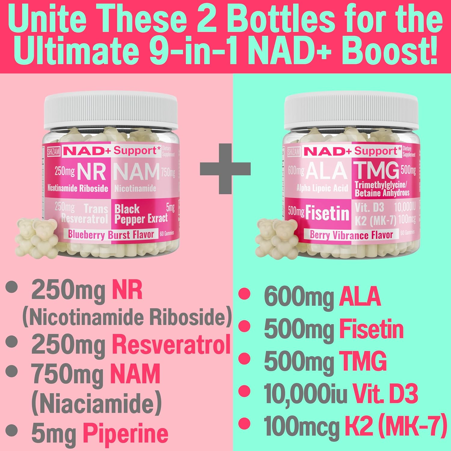 SHIZAM Gummies de ALA, Fisetina, TMG, Vitamina D3 y K2