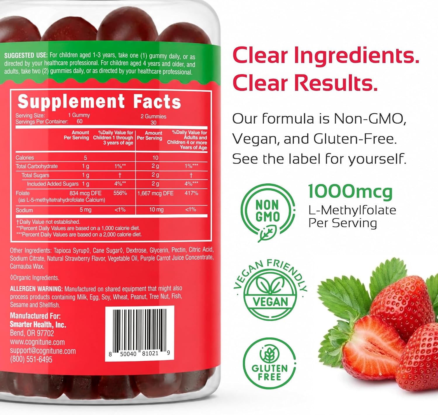 CogniTune Methylfolate Gummies para Niños y Adultos - L-Metilfolato 1000 mcg - Complemento de Folato Activo 5-MTHF - Apoyo MTHFR - Gomitas de Fresa - Sin OGM, Vegano - 60 Unidades