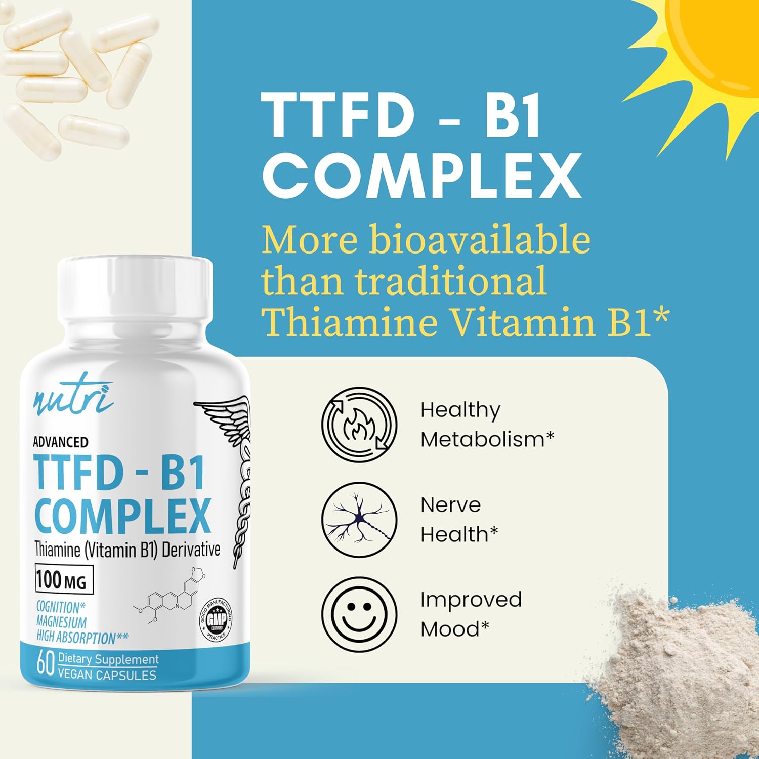 Nature's Fusions TTFD Tiamina B1 100mg con Magnesio - 60 Cápsulas
