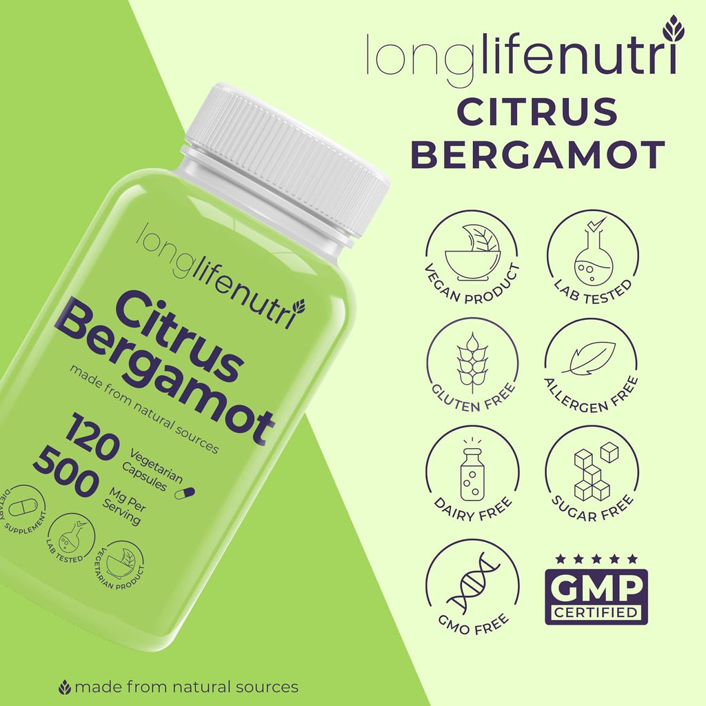 Extracto de Bergamota 500mg - 120 Cápsulas Vegetarianas - 40% Flavanonas Polifenólicas - 4 Meses de Suministro - Antioxidante Natural - LongLifeNutri