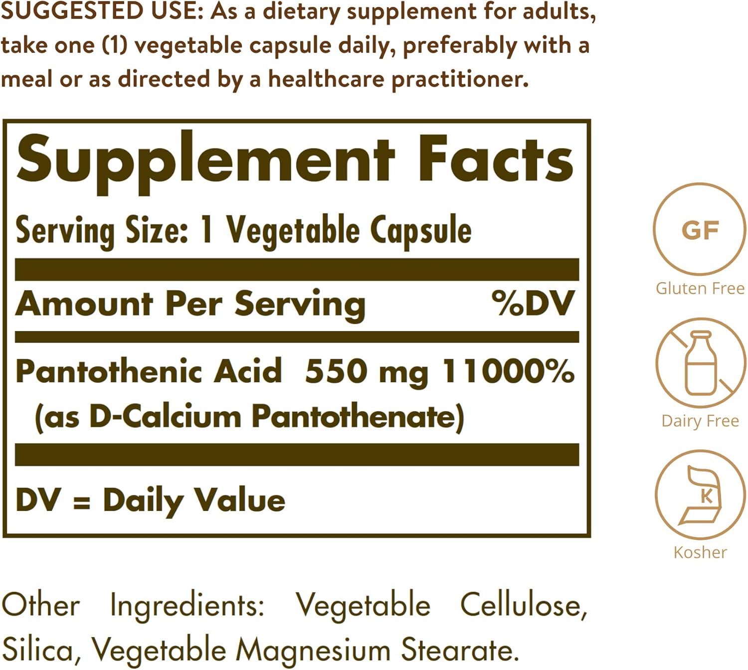 Solgar Pantothenic Acid 550 mg - 100 Vegetable Capsules - Vitamin B5