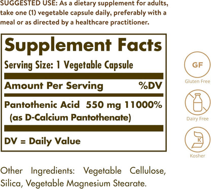 Solgar Ácido Pantoténico 550 mg - 100 – Contribuye a la reducción del cansancio y la fatiga. – Image 2