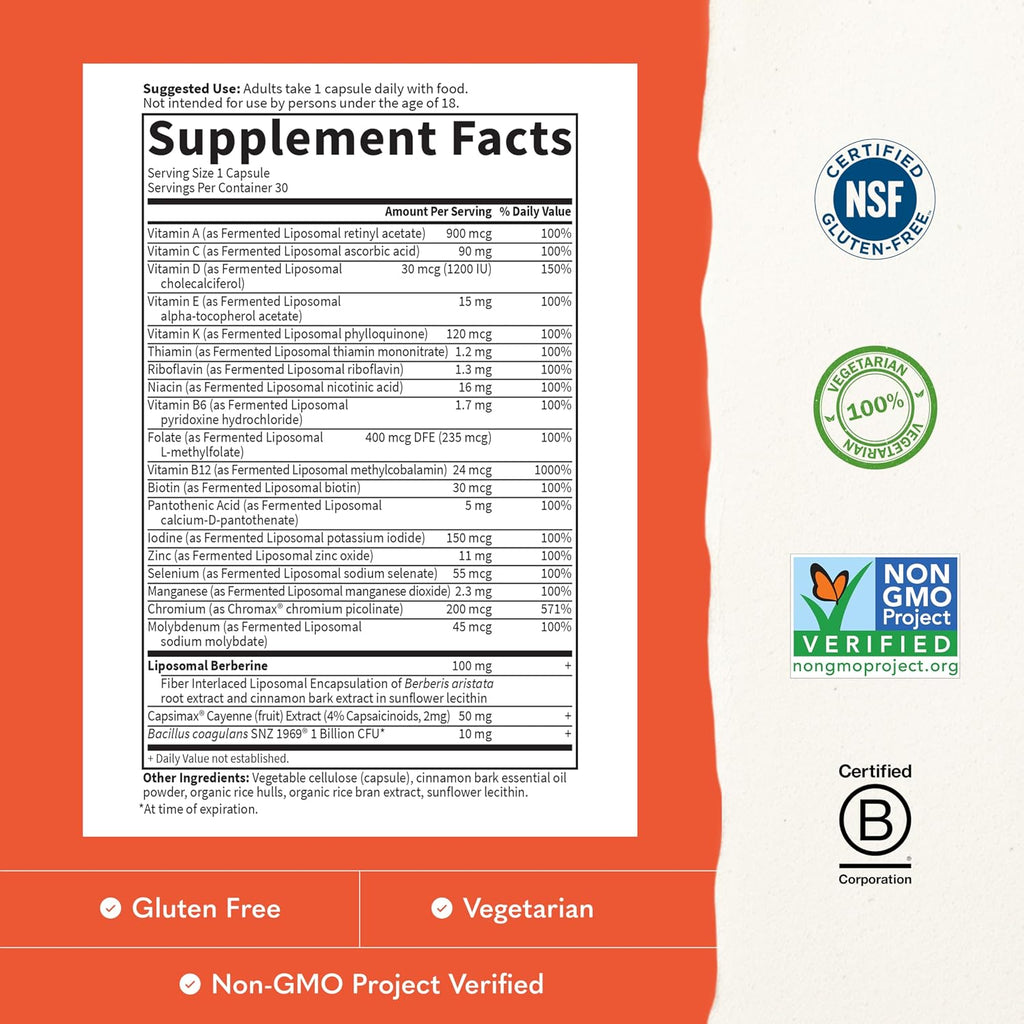 Garden of Life Multi+ Metabolism Support Multivitamínico Liposomal, 30 Cápsulas