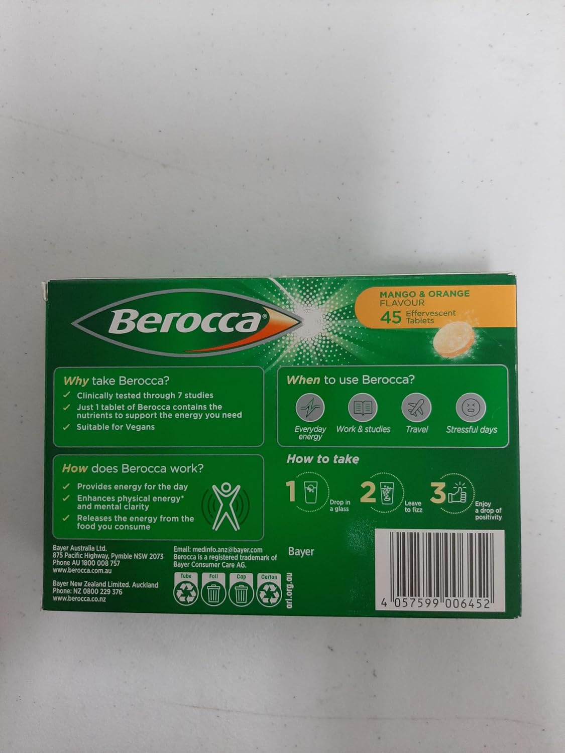 Berocca Energy Vitaminas B y C Sabor Mango y Naranja 45 Comprimidos Efervescentes