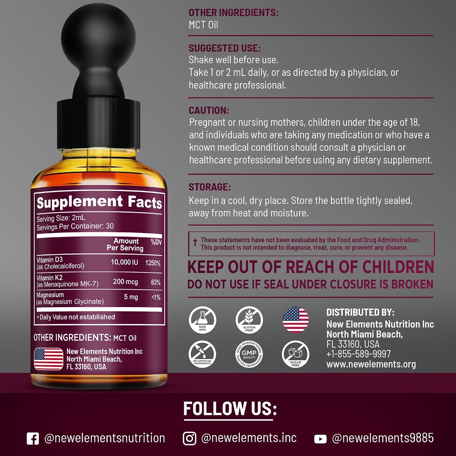 Líquido de Vitamina D3 con K2 y Magnesio Glicinato | 10.000 UI D3 + 200 mcg K2 MK-7